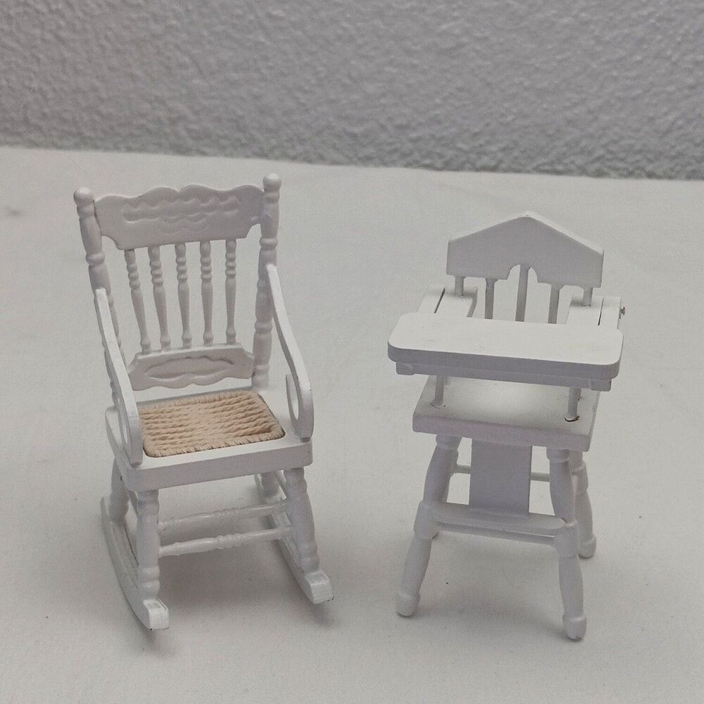 1:12 Dollhouse Mini Furniture High Chair & Classic Rocking Chair White Wood
